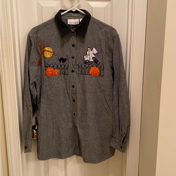 Halloween Embroidered Fall Pumpkin Casey & Max Gray cotton Button Down Shirt - Picture 1 of 11